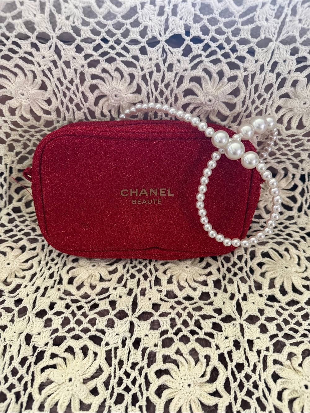 CHANEL Red Glitter Pearl-Handle Cosmetic Pouch